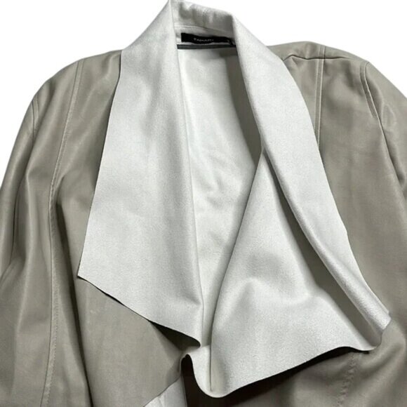 Tahari Open Front Jacket Womens Gray Stone Faux Leather Long Sleeve Pockets Sz M - Picture 9 of 12
